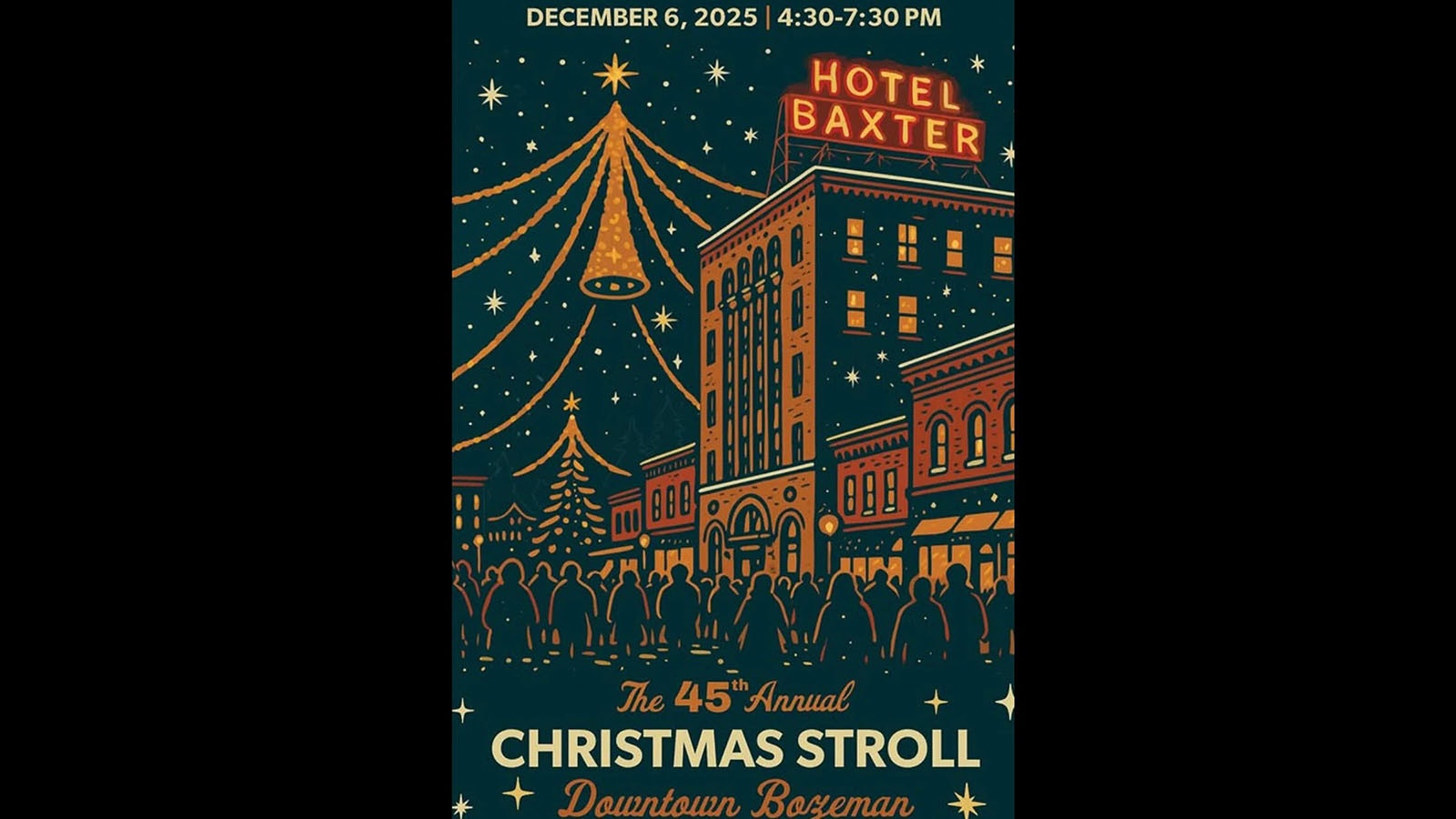 The winning poster for the 2025 Bozeman Christmas Stroll — complete with a Holiday Spider. Online chatter accusing the artist of using generative AI led the Downtown Bozeman Partnership to not print and distribute the poster. Instead, it’s using a picture of a Spider.