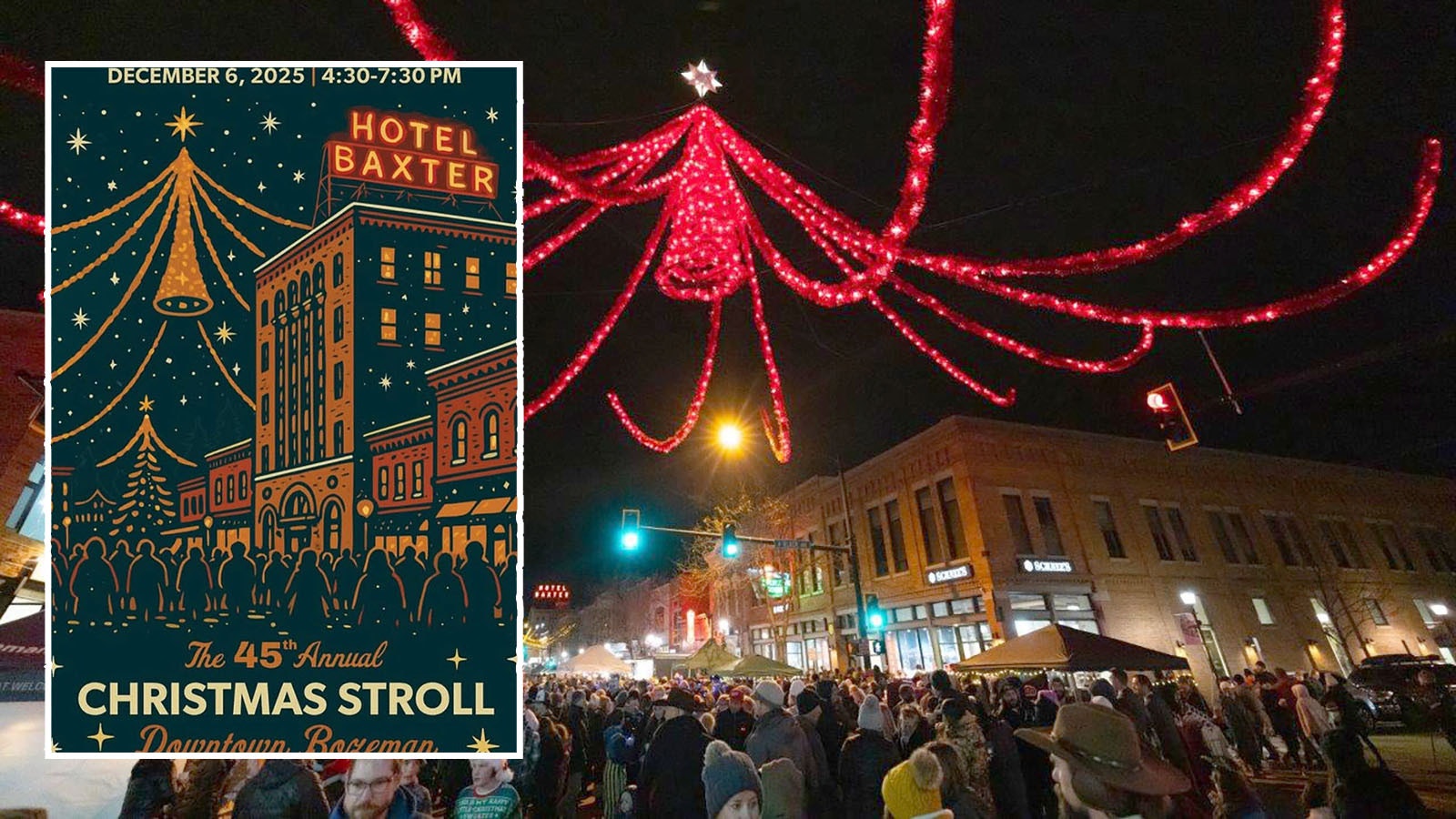 The winning poster for the 2025 Bozeman Christmas Stroll — complete with a holiday spider. Online chatter accusing the artist of using generative AI led the Downtown Bozeman Partnership to not print and distribute the poster. Instead, it’s using a picture of a spider.