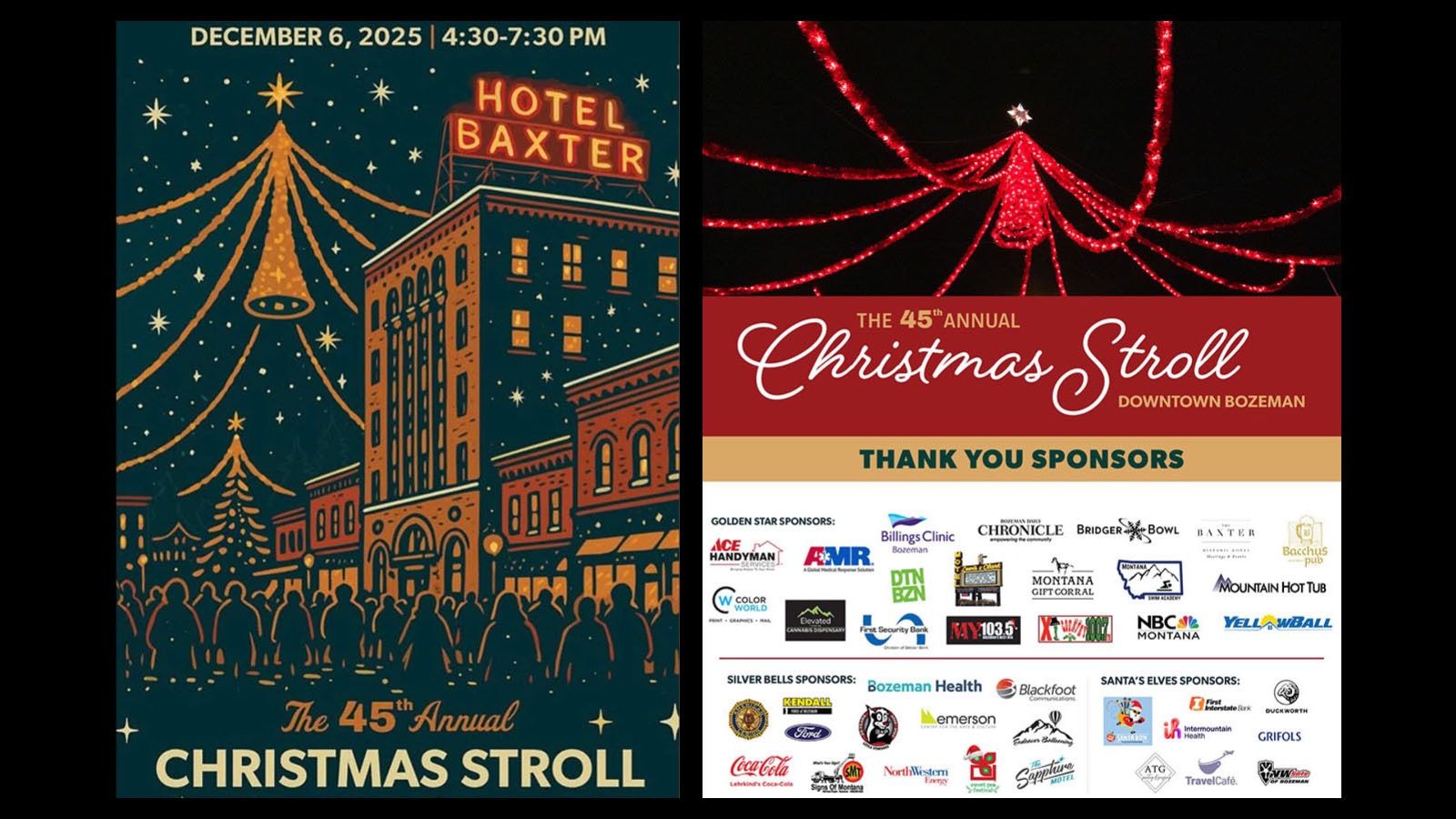The winning poster for the 2025 Bozeman Christmas Stroll — complete with a holiday dpider. Online chatter accusing the artist of using generative AI led the Downtown Bozeman Partnership to not print and distribute the poster. Instead, it’s using a picture of a spider.