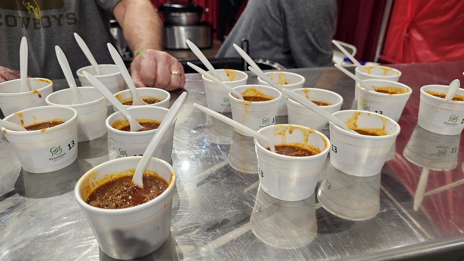 Cups of chili are labeled with a number for API Chili Cook-Off goers, to help them keep track of which chili is which.