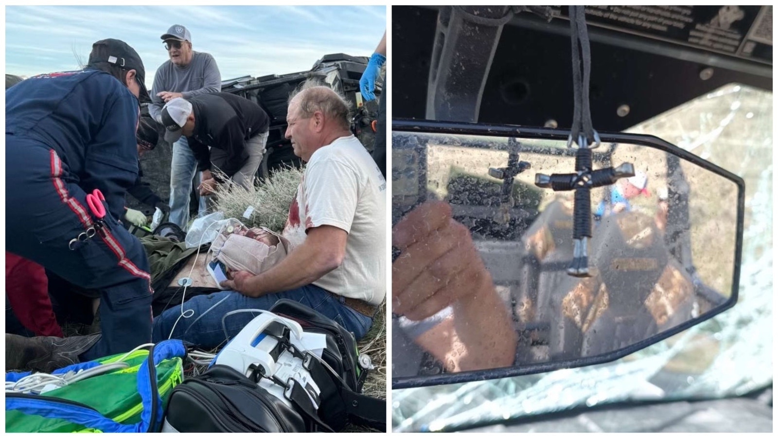 Left: Emergency responders stabilize Skylar Peterson after he was horribly injured in a side-by-side crash in Park County. Right: Skylar Peterson and Sydnie Stambaugh think this cross, which belonged to Peterson’s departed father, helped protected them during a side-by-side crash in Park County.