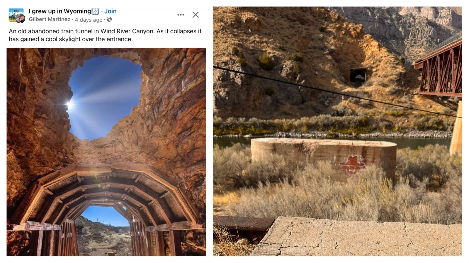 Abandoned tunnel in the Boysen State Park that the railroad refused to build higher. This resulted in decades of court battles against Asmus Boysen to demolish his dam in the Wind River Canyon. It's now crumbling.