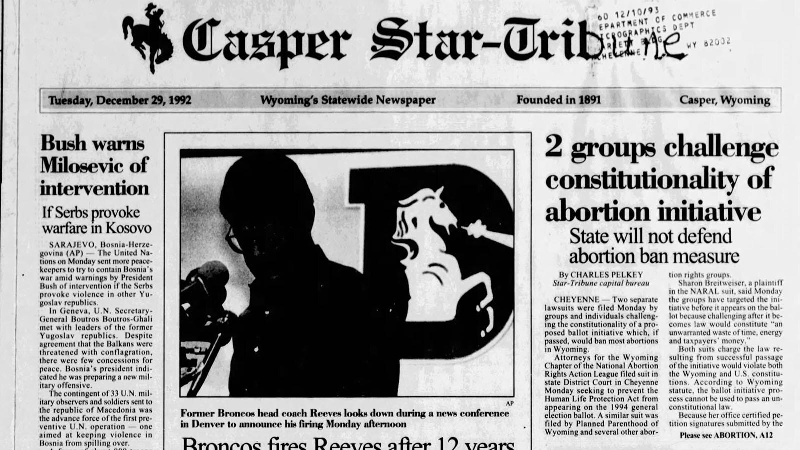 Abortion ban coverage in the Dec. 29, 1992, issue of the Casper Star-Tribune.