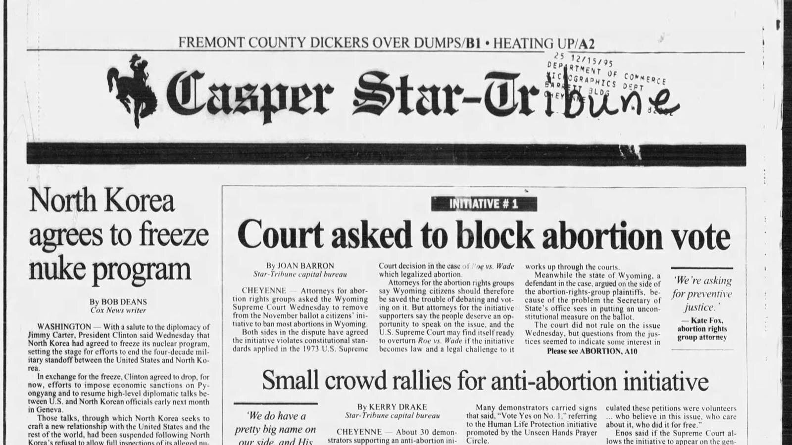 Abortion ban coverage in the June 23, 1994, issue of the Casper Star-Tribune.