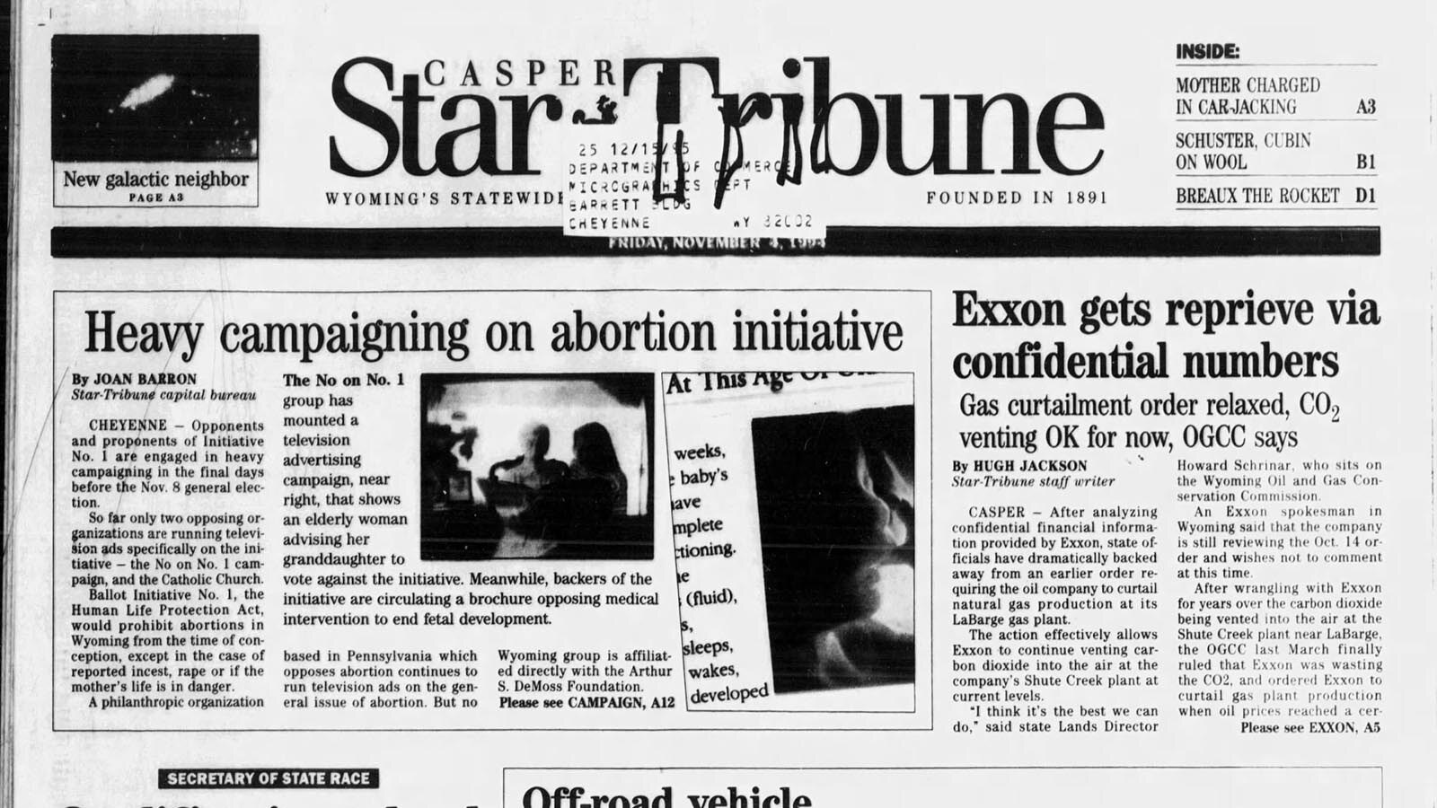 Abortion ban coverage in the Nov. 4, 1994, issue of the Casper Star-Tribune.