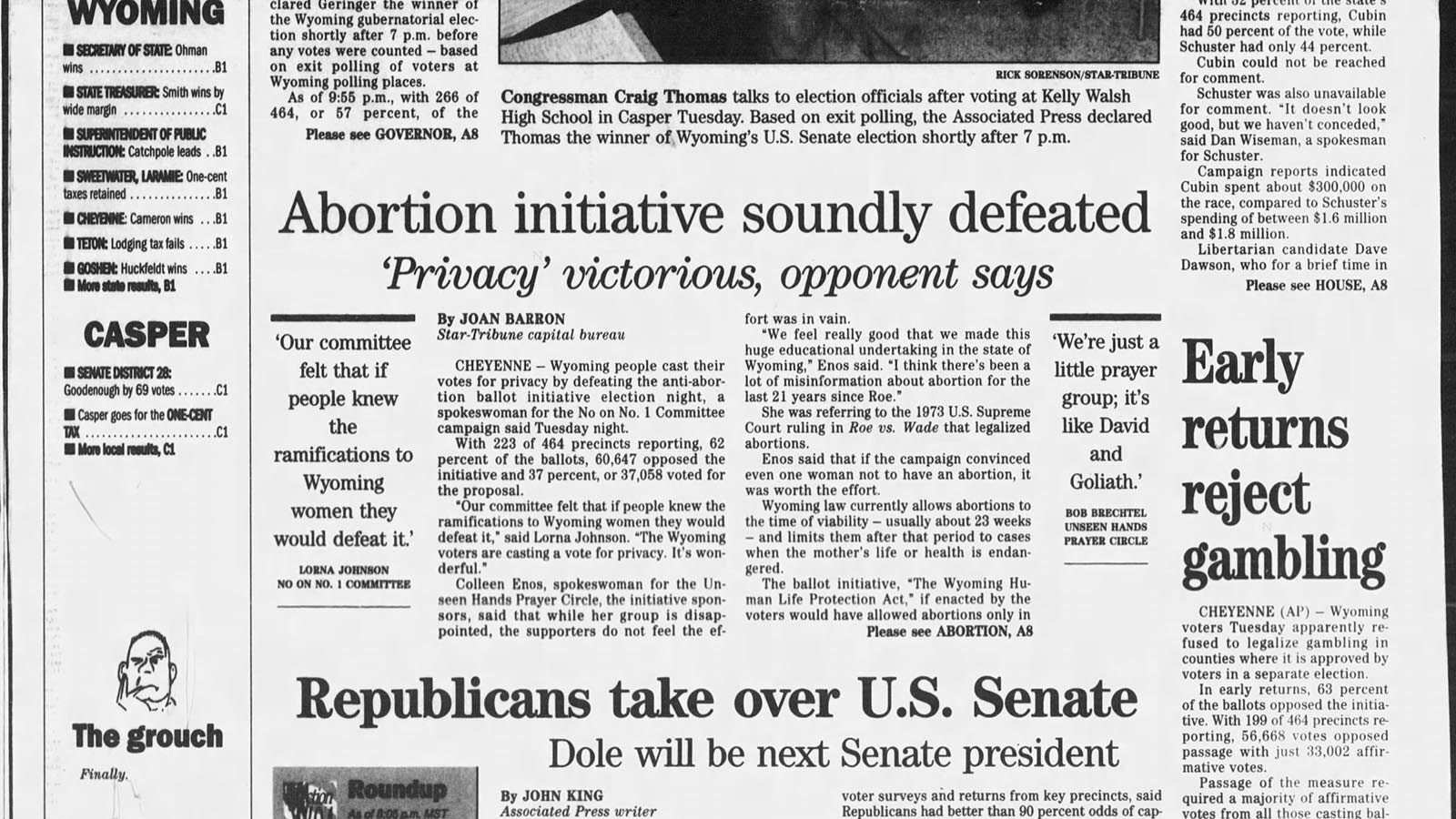 Abortion ban coverage in the Nov. 9. 1994, issue of the Casper Star-Tribune.