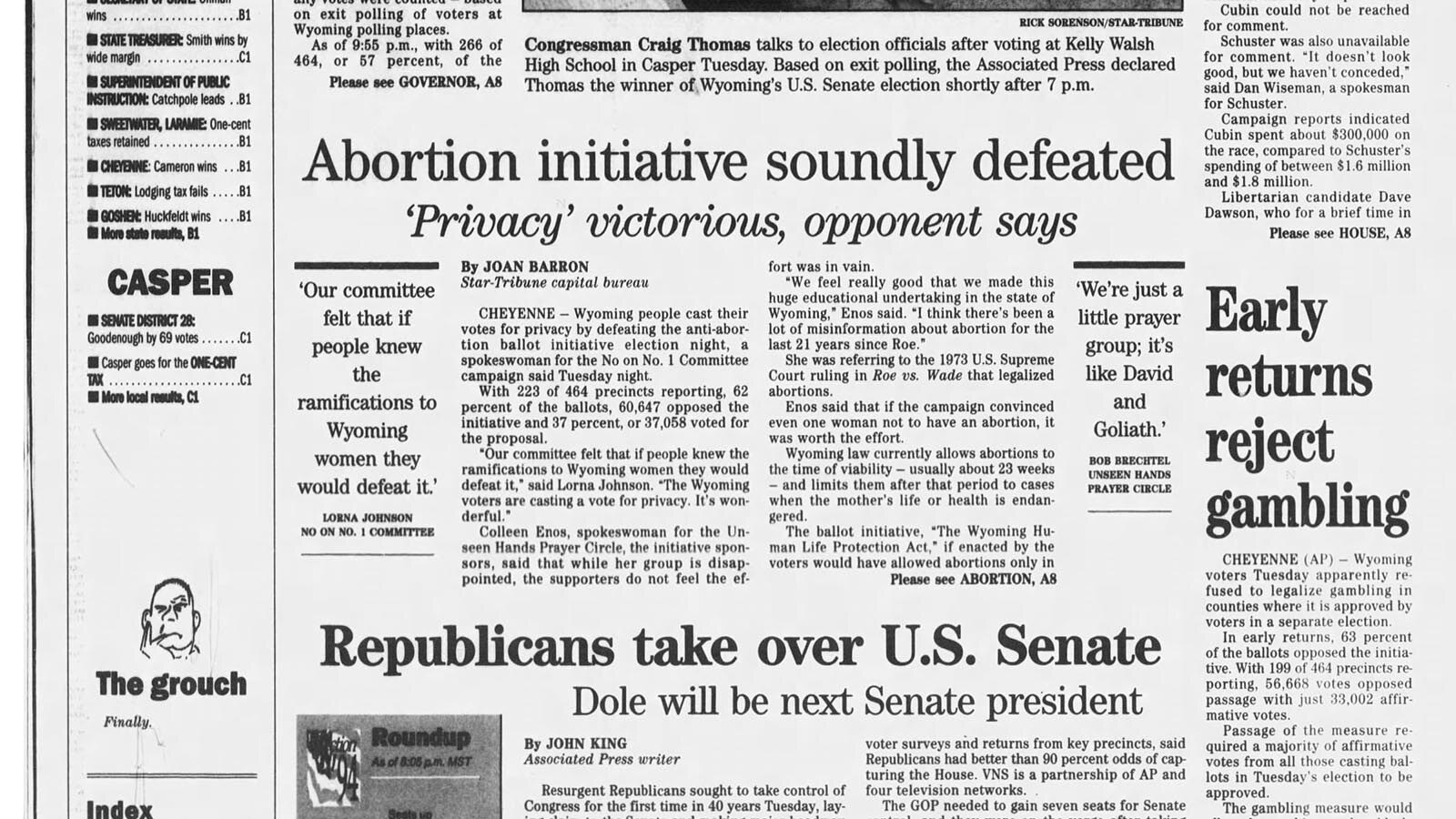 Abortion ban coverage in the Nov. 9, 1994, issue of the Casper Star-Tribune.