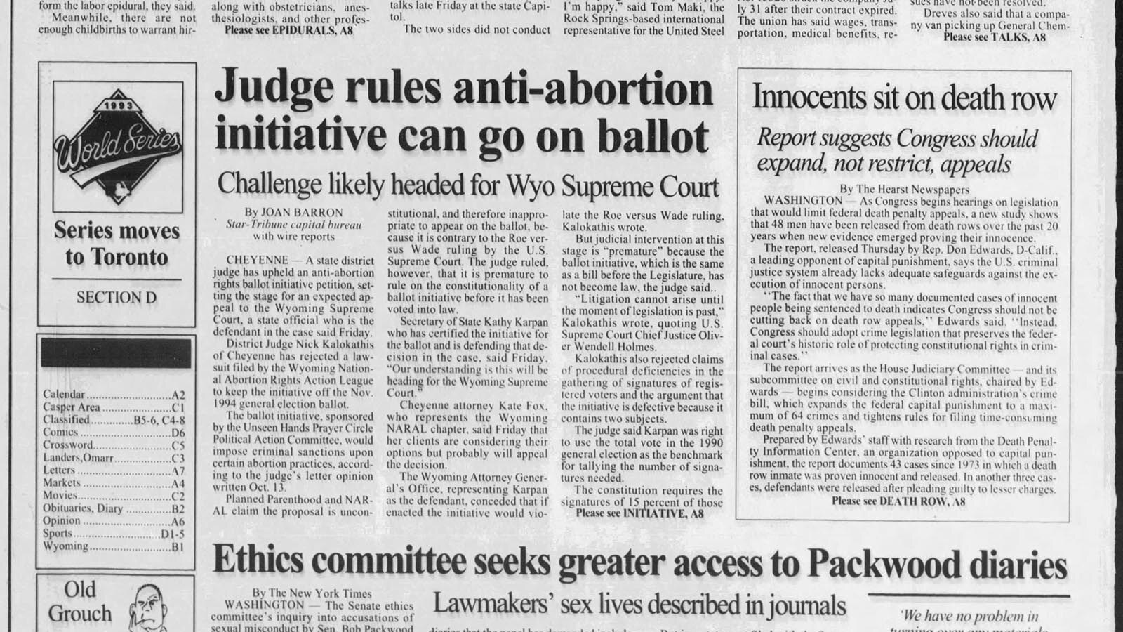 Abortion ban coverage in the Oct. 23, 1993, issue of the Casper Star-Tribune.