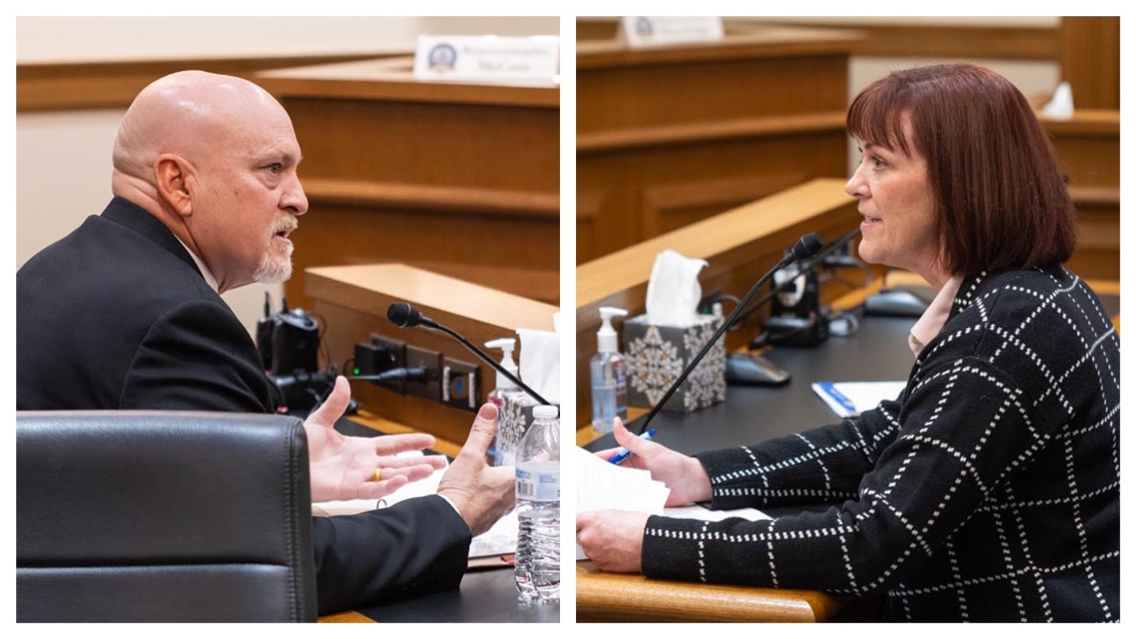 State Rep. John Bear, R-Gillette, left, and Dr. Rene Hinkle testify on oposite sides of a bill Bear proposed that targets abortion drugs in Wyoming water supplies.