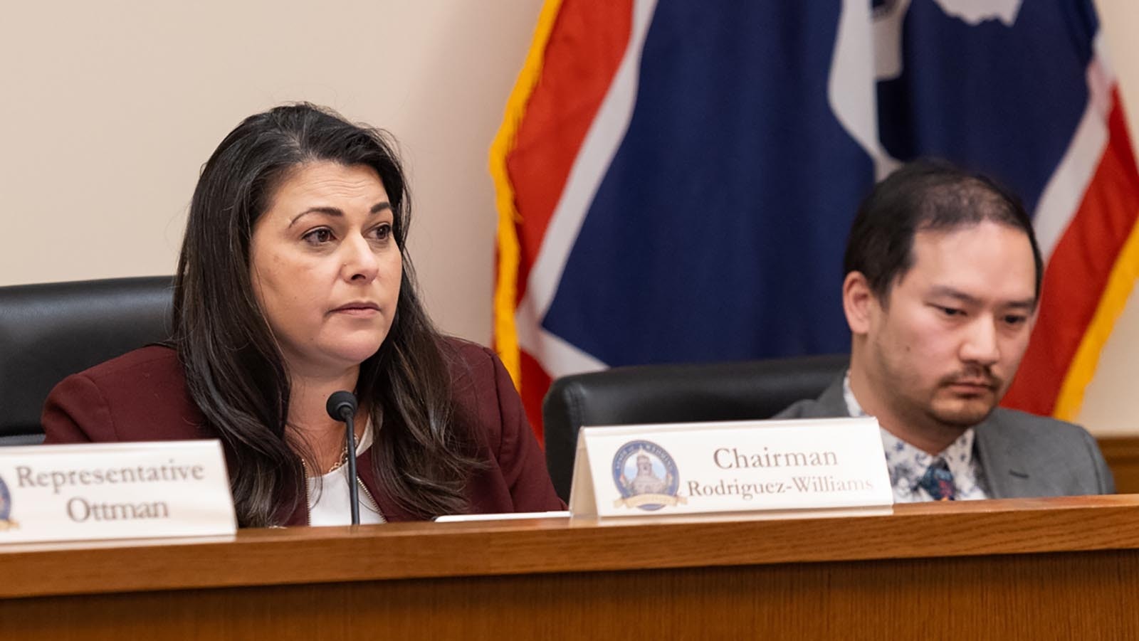 State Reps. Rachel Rodriguez-Williams, R-Cody, and Mike Yin, D-Jackson, during a House Labor, Health and Social Services Committee meeting on Wednesday, Jan. 22, 2025.