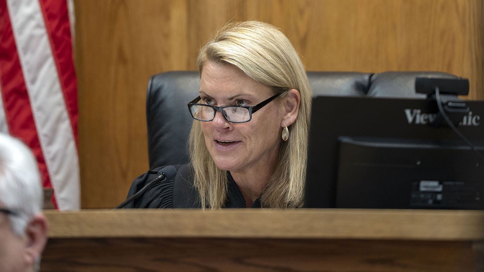 Teton County District Court Judge Melissa Owens speaks during a hearing where she denied a request by lawmakers, Wyoming Secretary of State Chuck Gray and Right to Life Wyoming to defend the laws that ban most abortions in the state.