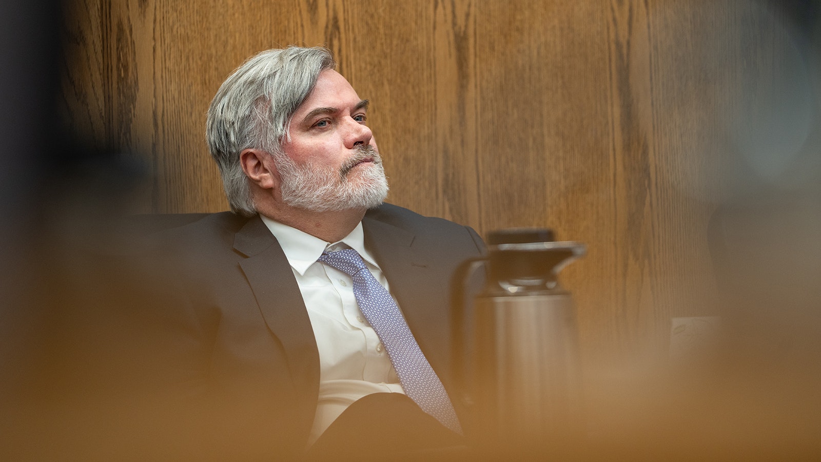 Jay Jerde, special assistant attorney general for the state, listens as the plaintiffs’ attorneys address 9th Judicial District Court Judge Melissa Owens during a summary judgment hearing Thursday in Teton County District Court.