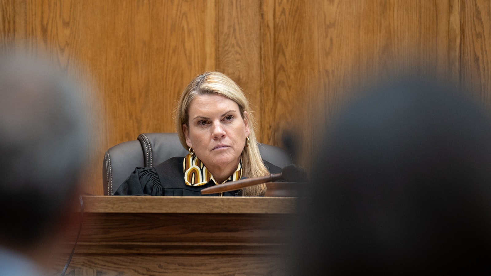 Judge Melissa Owens listens as Jay Jerde, special assistant attorney general for the state, addresses the court during a summary judgment hearing Thursday in Teton County District Court. Following nearly four hours of arguments, Owens did not make a ruling from the bench, leaving the fate of abortion access in Wyoming undecided.
