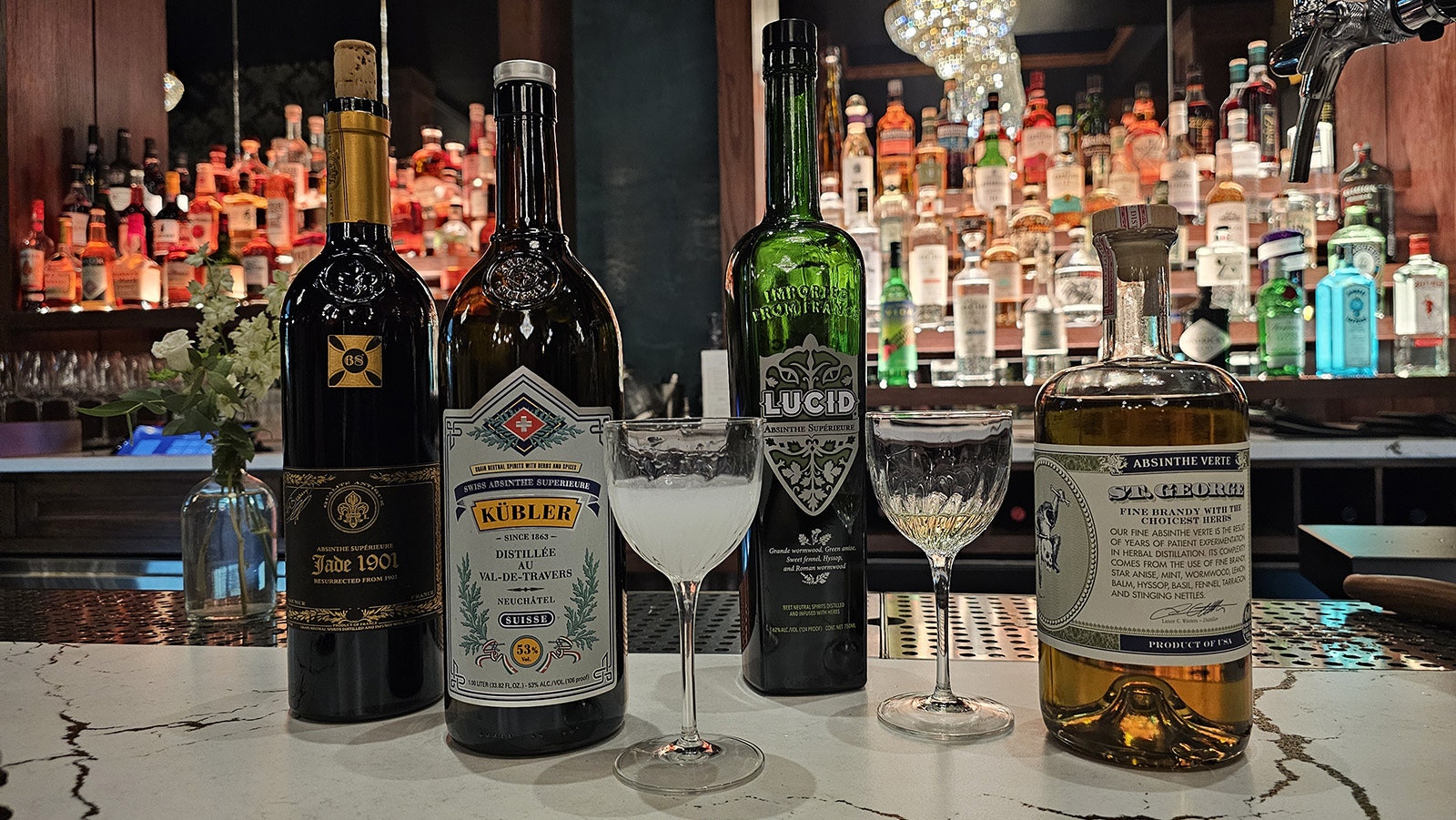 A variety of Absinthe liquors available at Le Reve Restaurant and Raw Bar in Sheridan.