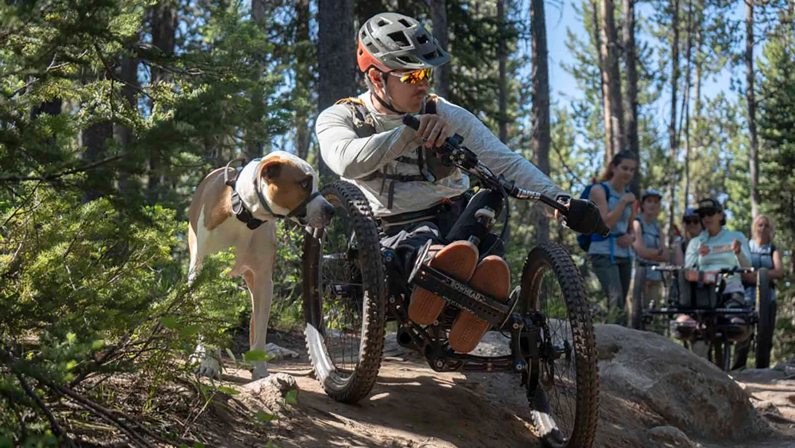 Joe Stone, a C7 quadriplegic from Jackson, with his dog George hitting the trails in an adaptive mountain bike.