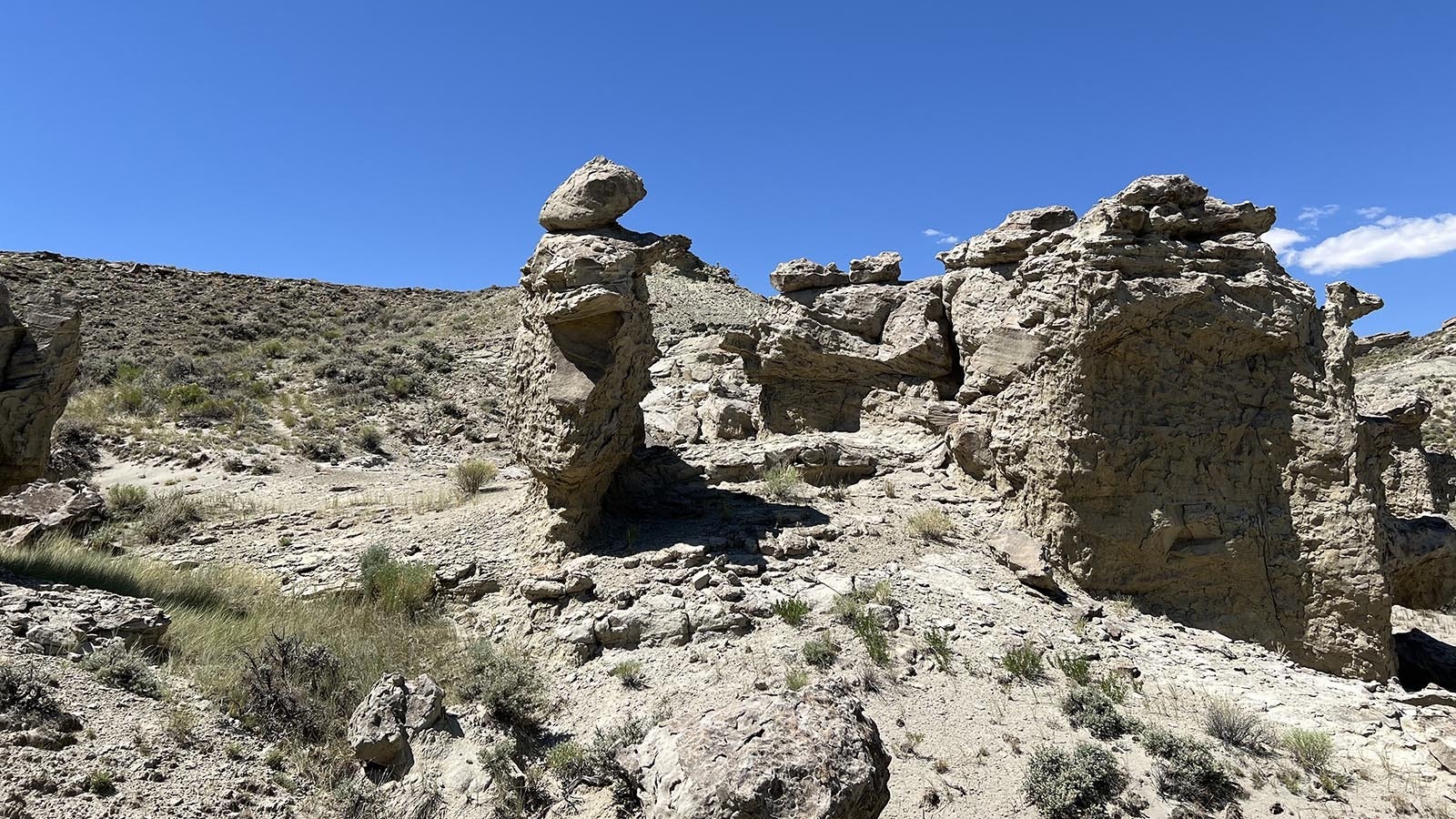 Pillars are among the many sandstone features at Adobe Town in southwest Wyoming.