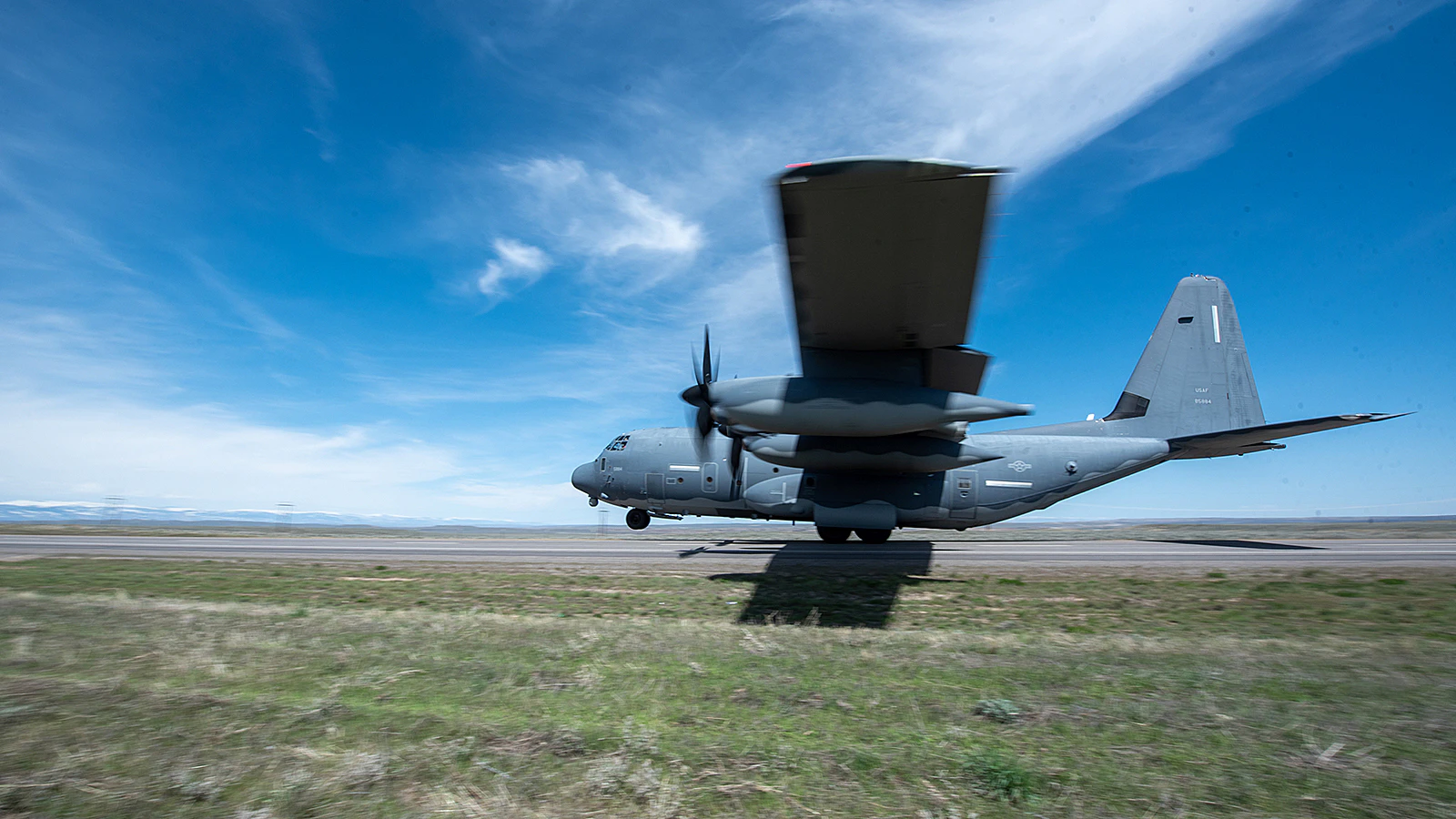 An MC-130J Commando II from the 1st Special Operations Wing takes off from Highway 789 during Exercise Agile Chariot near Riverton, Wyoming, May 2, 2023. Agile Chariot tested Agile Combat Employment capabilities, including using smaller, more dispersed locations and teams to rapidly move and support aircraft, pilots and other personnel wherever they’re needed.