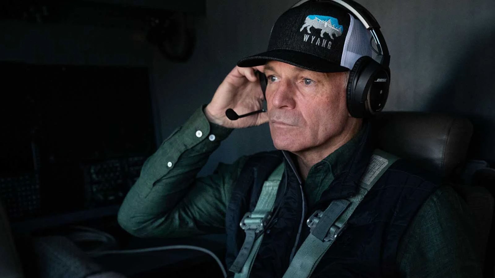 Wyoming Governor Mark Gordon flies in an MC-130J Commando II near Riverton, Wyoming, May 2, 2023, during Exercise Agile Chariot. Governor Gordon flew on the MC-130J with two MH-6 Little Birds onto Wyoming Highway 789, witnessing a simulated time-sensitive, personnel recovery mission with Airmen from the 123rd Special Tactics Squadron.