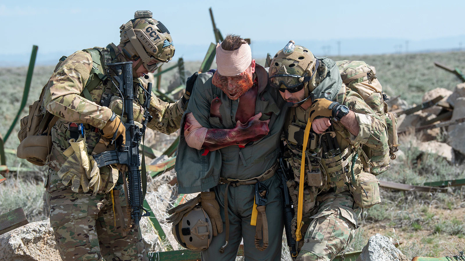 Airmen with the Kentucky Air National Guard’s 123rd Special Tactics Squadron help a simulated injured pilot during Exercise Agile Chariot near Riverton, Wyoming, May 2, 2023. Agile Chariot tested Agile Combat Employment capabilities, including using smaller, more dispersed locations and teams to rapidly move and support aircraft, pilots and other personnel wherever they’re needed.