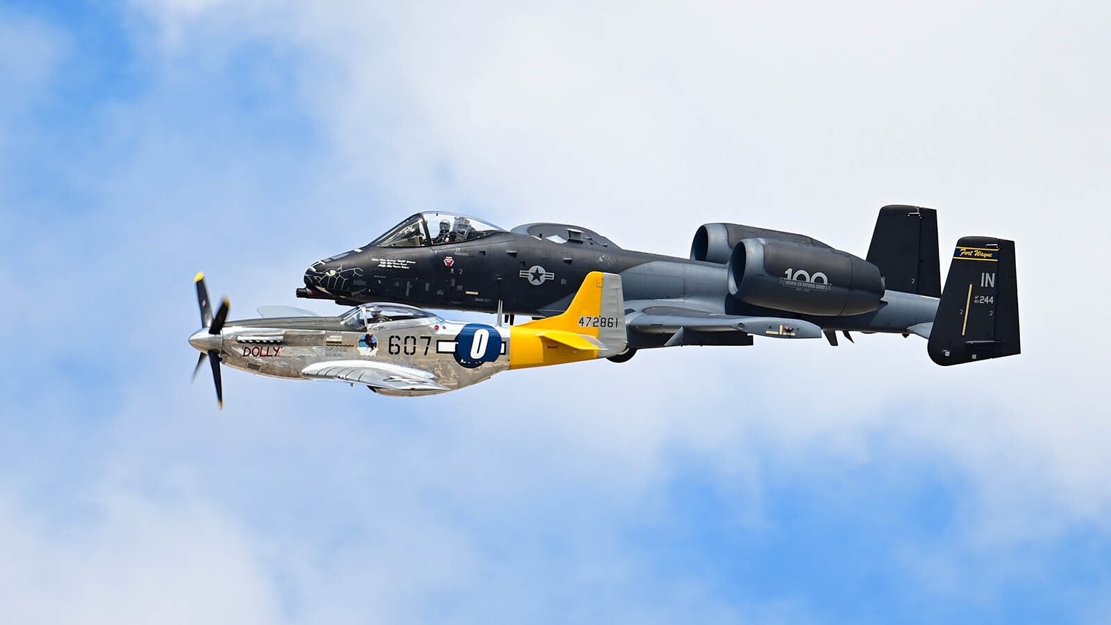 Profesionální výstavní tým létá na jednomotorovém P-51 Mustang doprovázeném A-10 Warthog.