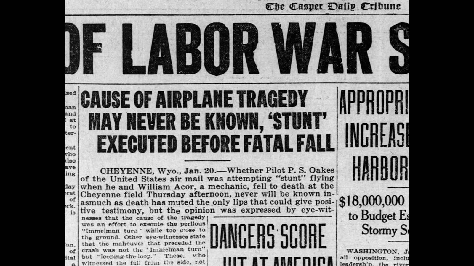 The Casper Daily Tribune reported on the death of a pilot and mechanic for the U.S. Air Mail Service who died while testing an aircraft.