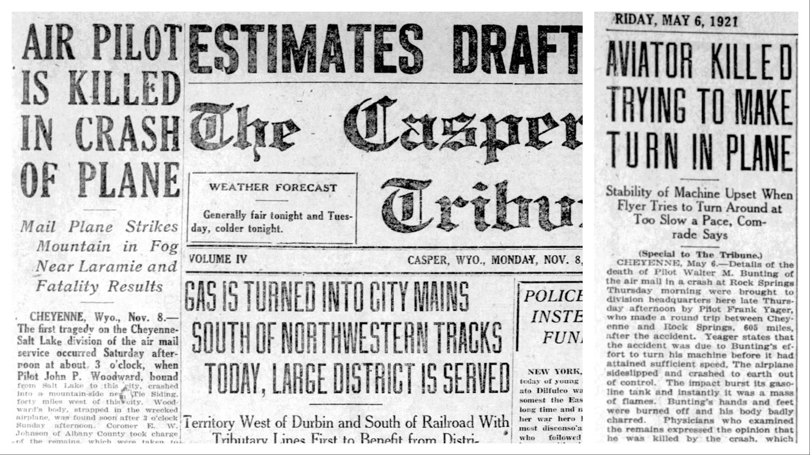 Left, the Casper Daily Tribune reported on Nov. 8, 1920, the death of the U.S. Air Mail Service’s first pilot in Wyoming, John P. Woodward. Right, the Casper Daily Tribune on May 6, 1921 reported on the efforts to investigate a Rock Springs air crash and retrieve the mail.