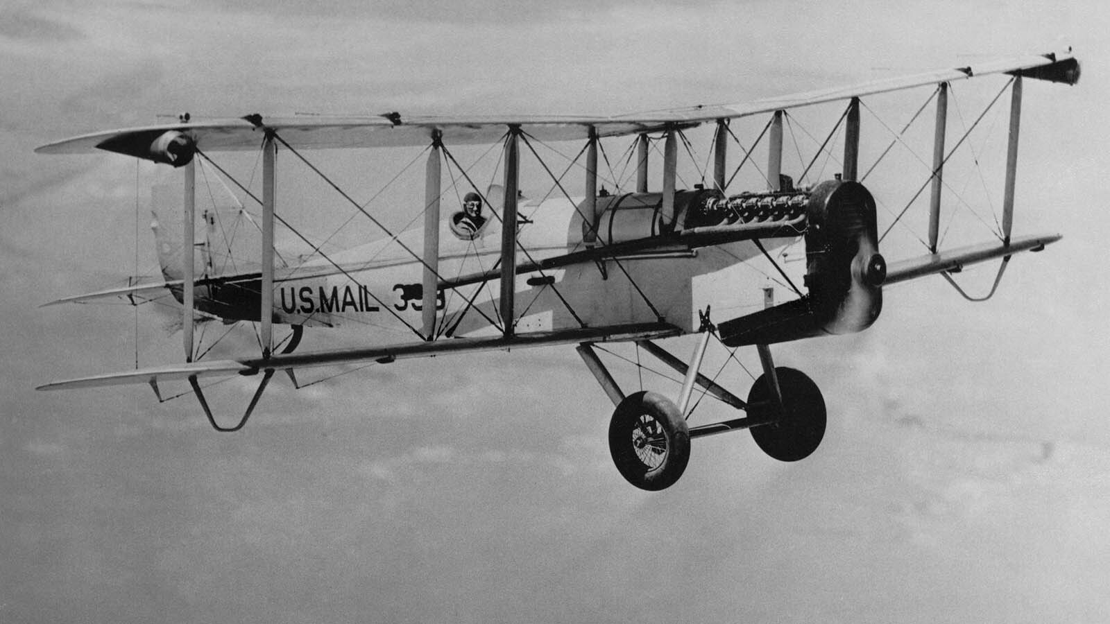 A U.S. Air Mail Service DH-4 in flight provides an example of an airplane modified for night-flying. Note the extended exhaust designed to keep flame from blinding the pilot at night, and the landing lights on the bottom of the top wing.