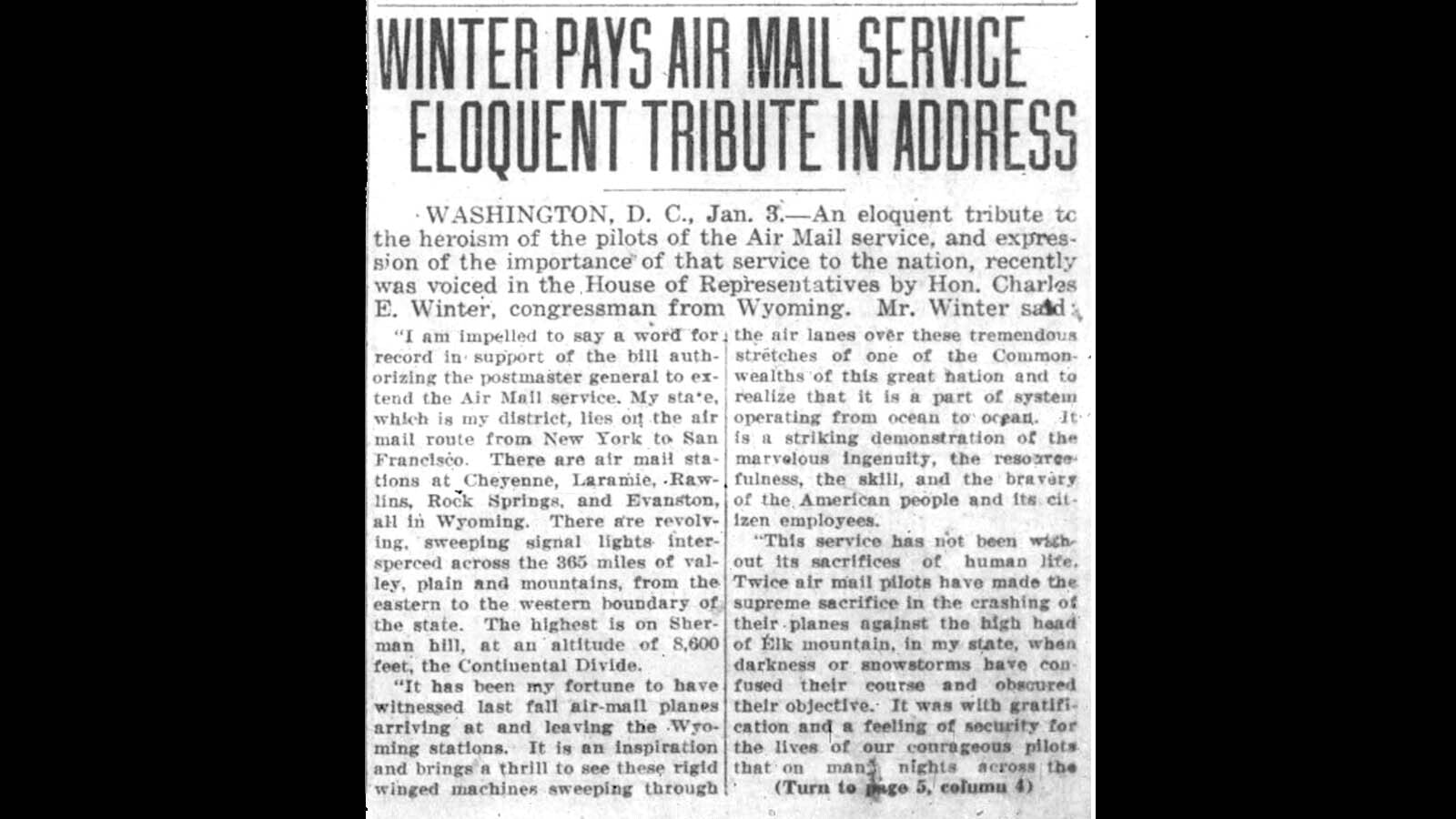 Wyoming Congressman Charles Winter gave tribute to the heroism of Wyoming U.S. Air Mail Service pilots in 1925.