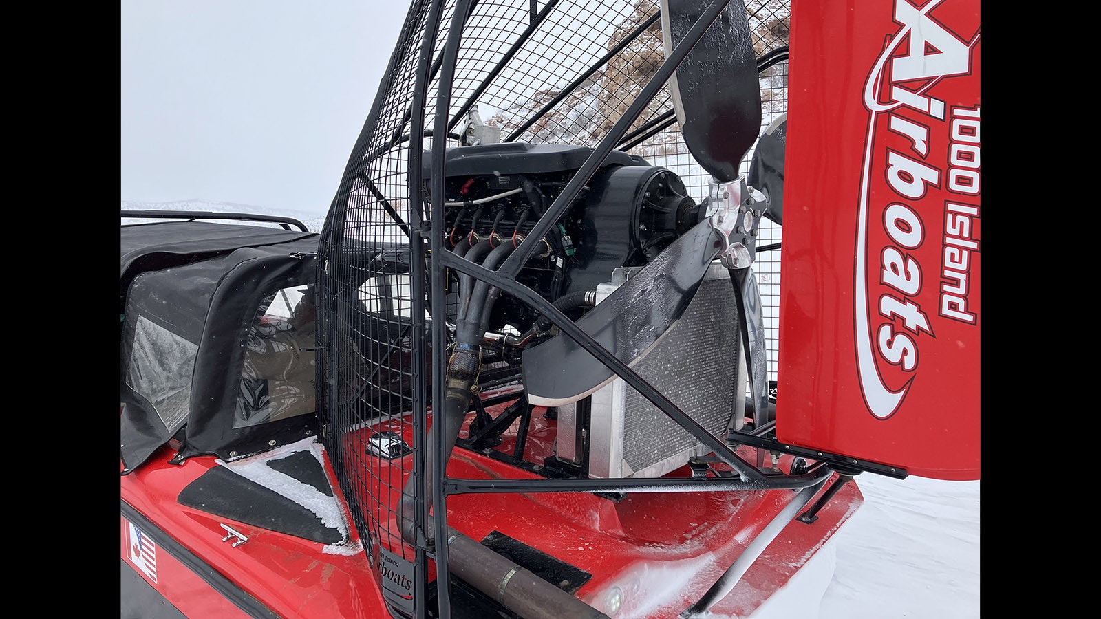 The airboat uses a big 550-horsepower GM engine to propel its blades.