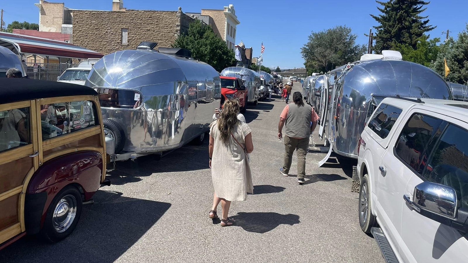 A seemingly endless line of silver Airstreams on display in Rock Springs.