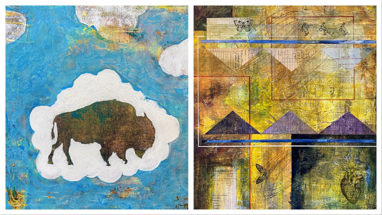 Left, “Buffalo Thoughts,” mixed media on wood. Right, “Surface Level,” an example of mixed media on canvas.