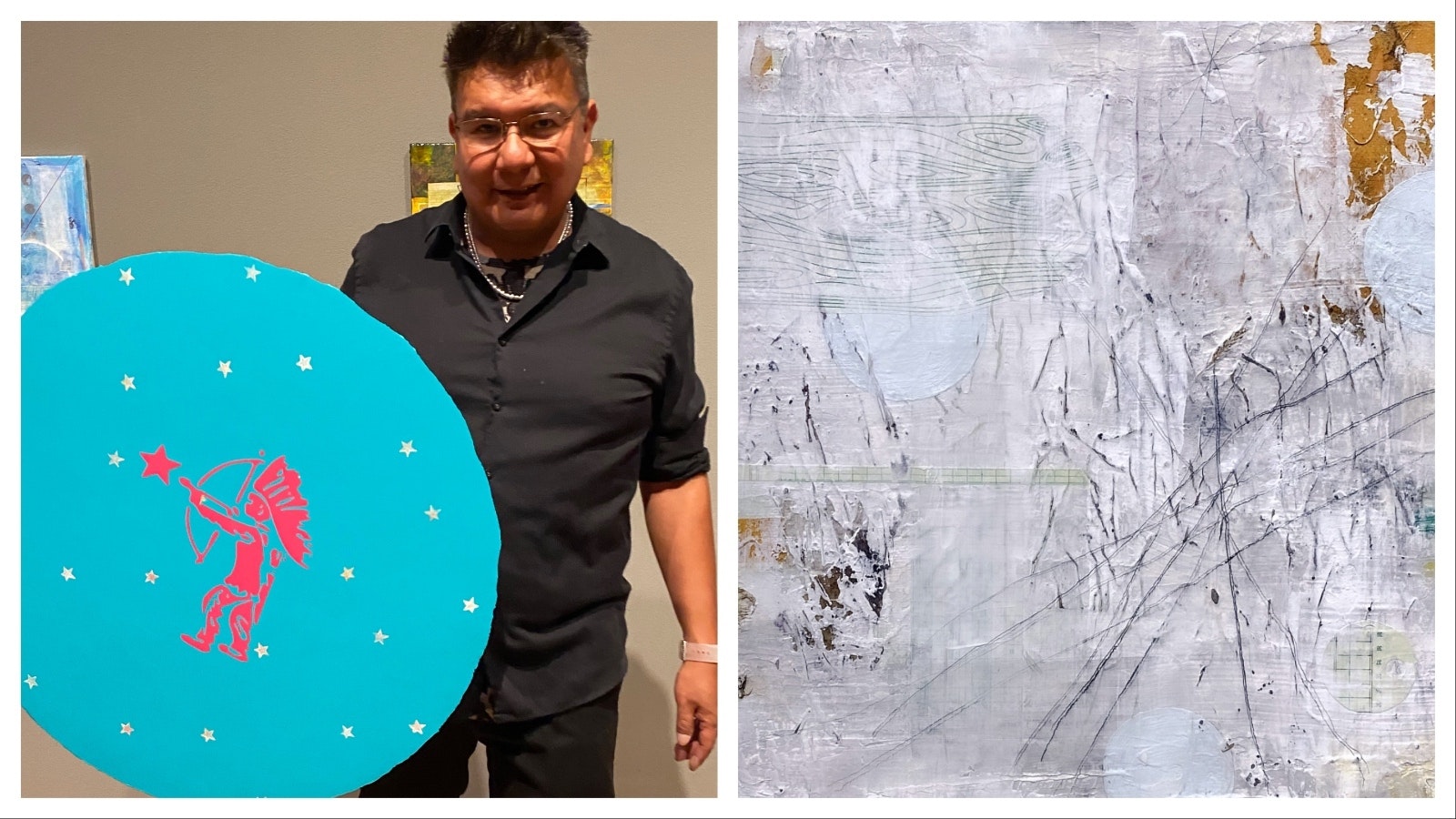 Left, artist Al Hubbard poses with his blend of traditional and modern art. Right,  “Winter Restraint,” mixed media on canvas.