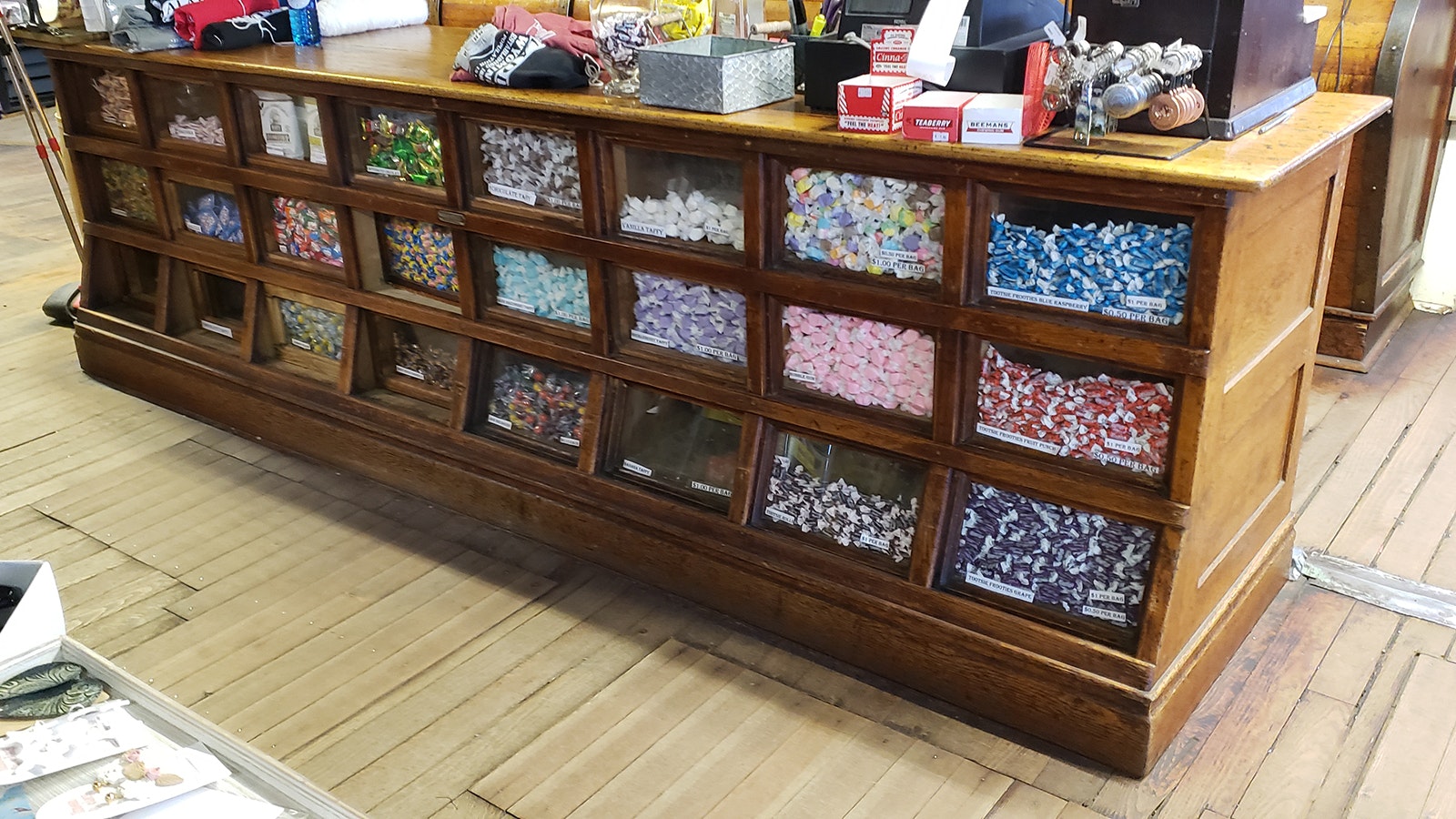 Candy fills this antique wooden bin at the Aladdin General Store.