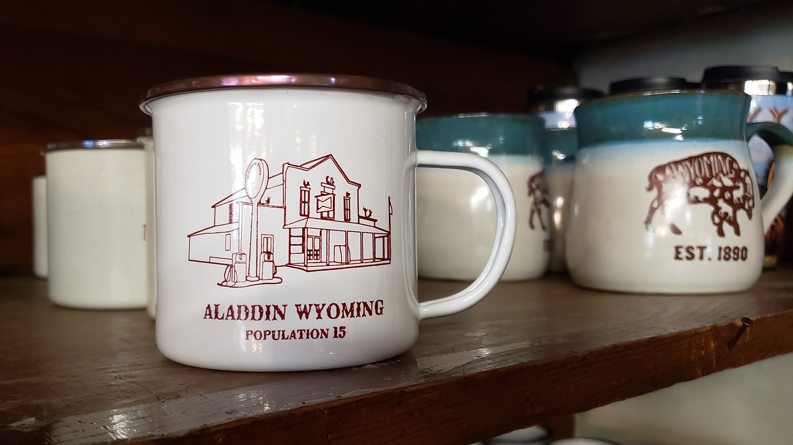 Mugs featuring the Aladdin General Store are available as souvenirs of their visit to Wyoming's oldest store.