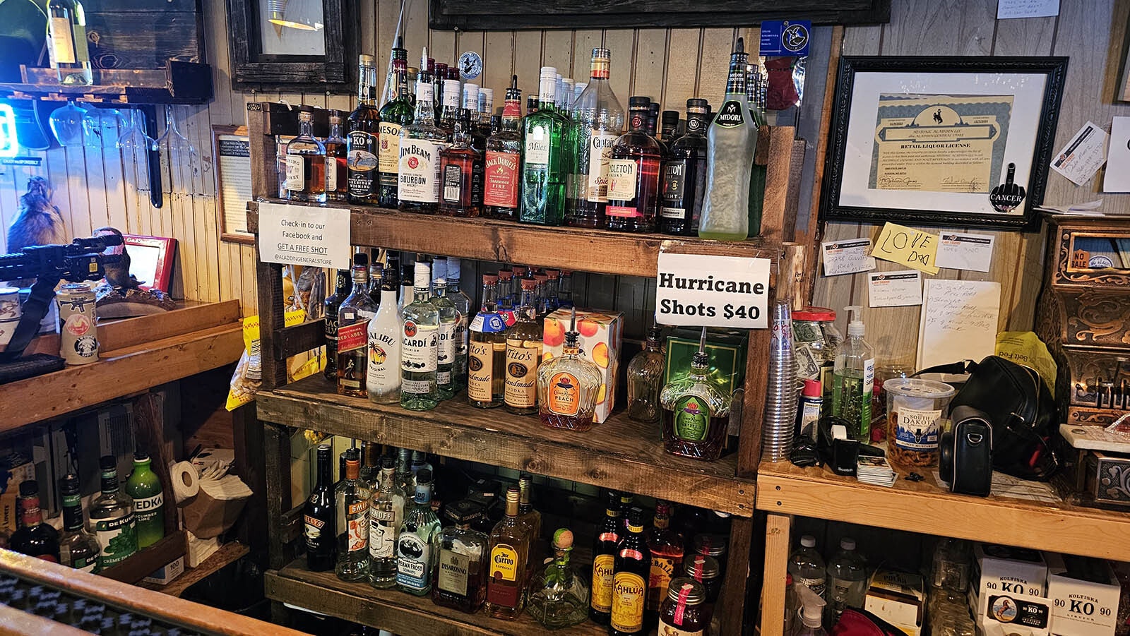 The liquor cabinet at the Aladdin General Store has a surprising amount of diversity, with things like pumpkin chocolate liqueur, vanilla vodka, and Koltiska for the infamous Hurricane shot.