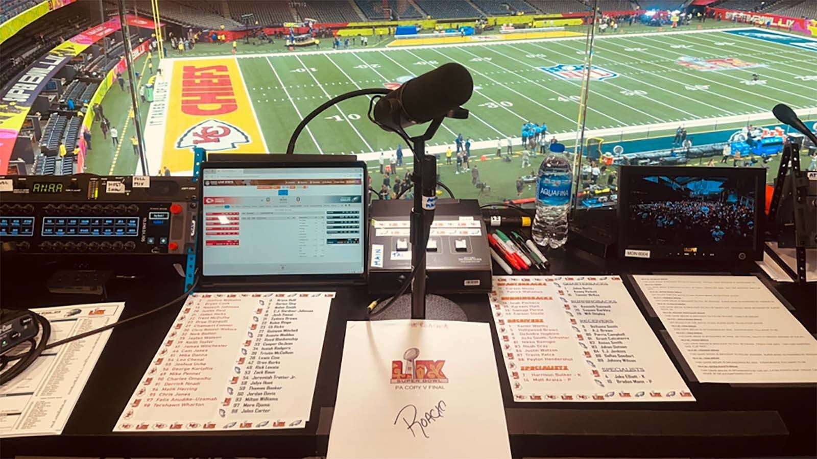 Alan Roach's "office" announcing Super Bowl LIX earlier this year. It was the 17th time he's been the stadium announcer for the Super Bowl.