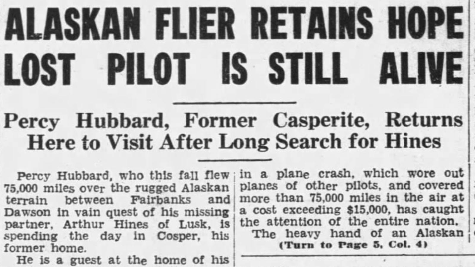 The Casper Tribune Herald on Oct. 31, 1935, wrote about Percy Hubbard’s visit to the city.