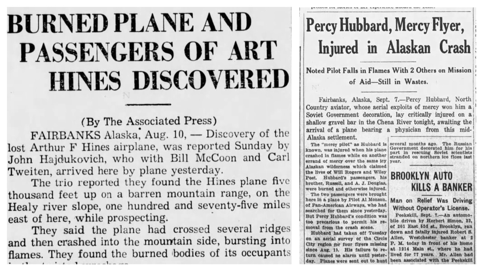 Left: The Nome Daily Nugget reports on the discovery of the Art Hines aircraft on Aug. 10, 1936. Right: The Brooklyn, New York Times Union newspaper had headlines about Percy Hubbard’s crash searching for his friend.