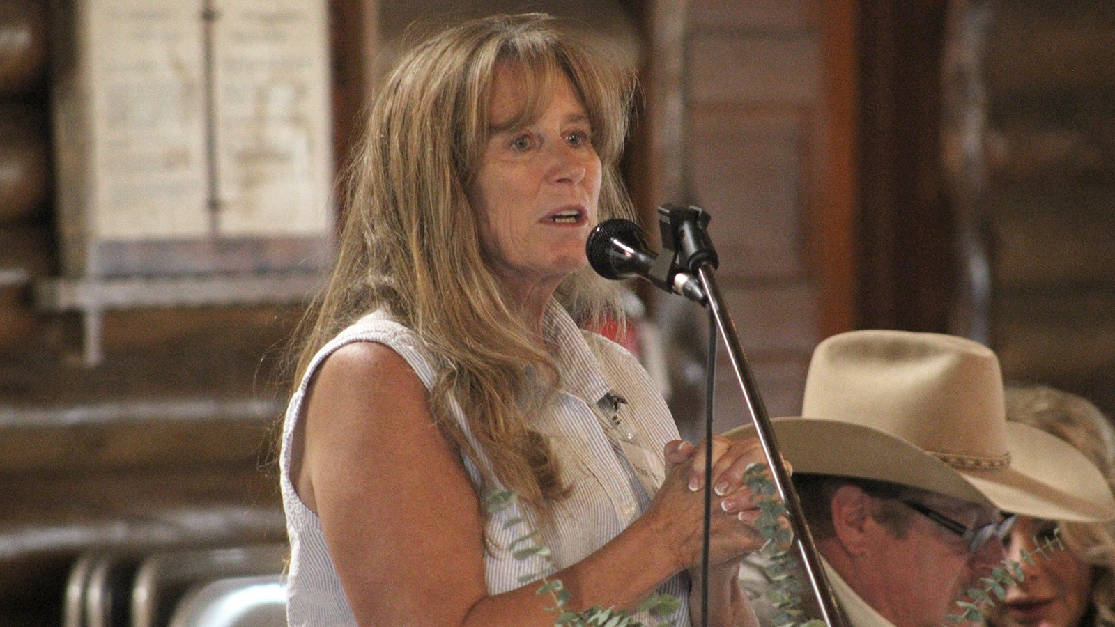 Albany County Republican Party Chairwoman Roxie Hensley addresses the state Republican Party Central Committee in Laramie on Saturday.