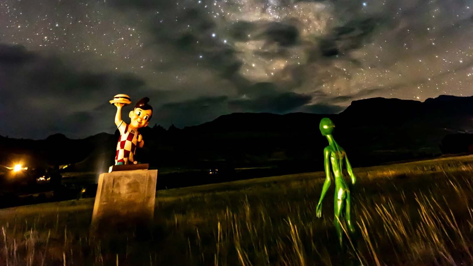 You may have never met Frank Alvarado, but you likely have his best friends — a pair of green aliens along the road to Yellowstone’s East Entrance. His daughter thinks they’re “hideous,” but her Vietnam Vet dad loved them, so the aliens stay. They've also been known to do some sightseeing from time to time.