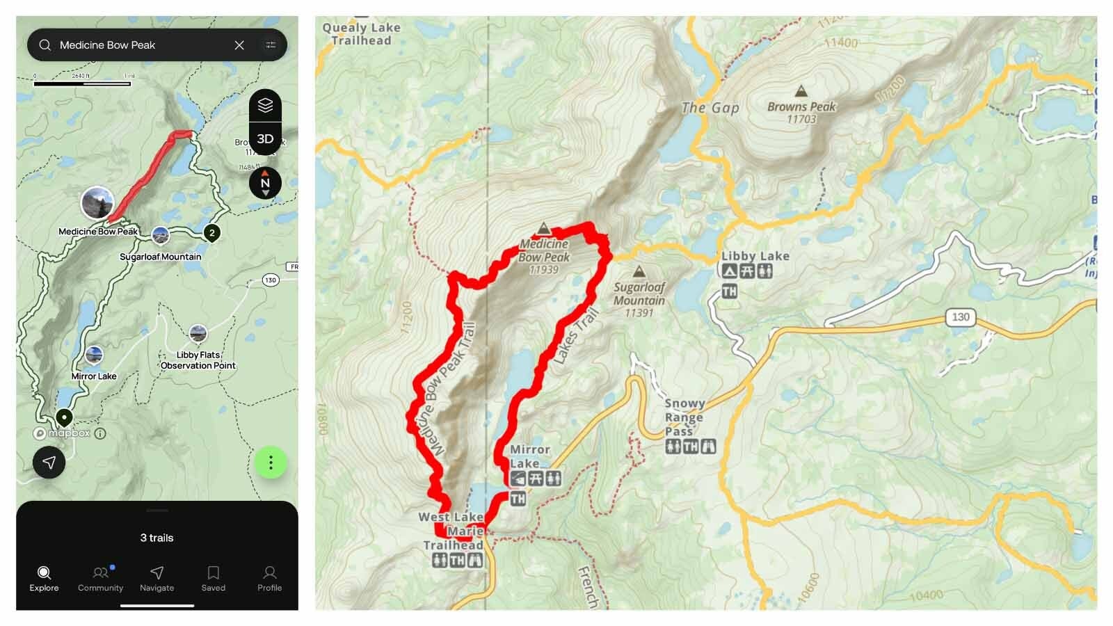 Left is a screenshot of the AllTrail app showing the trail hikers who had to be rescued from Medicine Bow Peak thought they were taking. Rigth is another map showing there is no trail there.