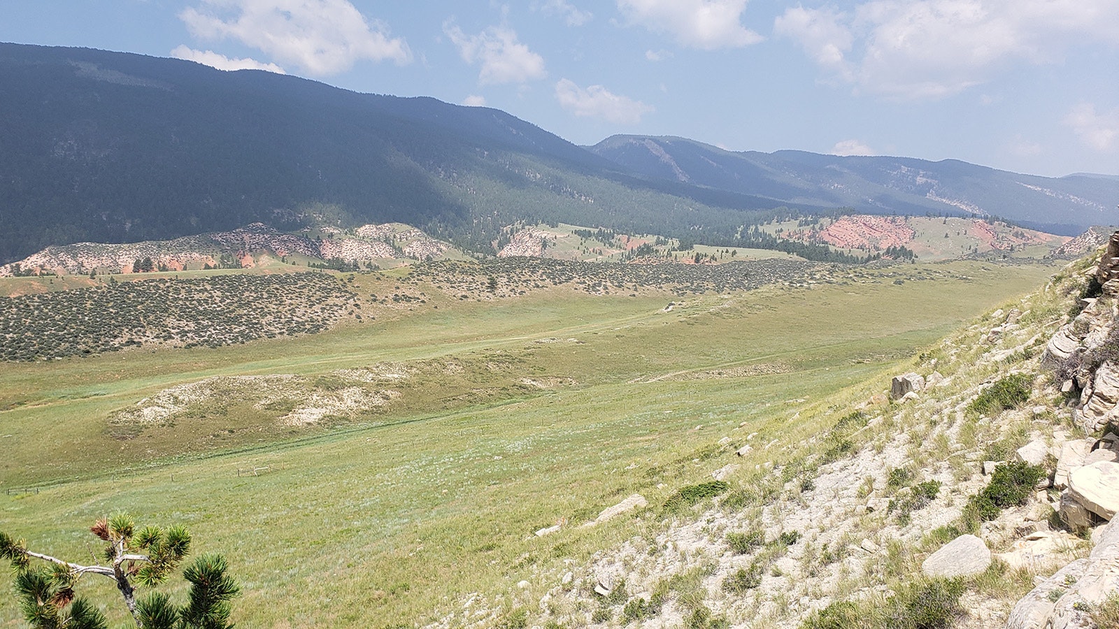 The Bighorn Mountains, left, pushed up a sizable section of the Morrison formation at right, exposing dinosaur bones from the Jurassic age 150 million years ago.