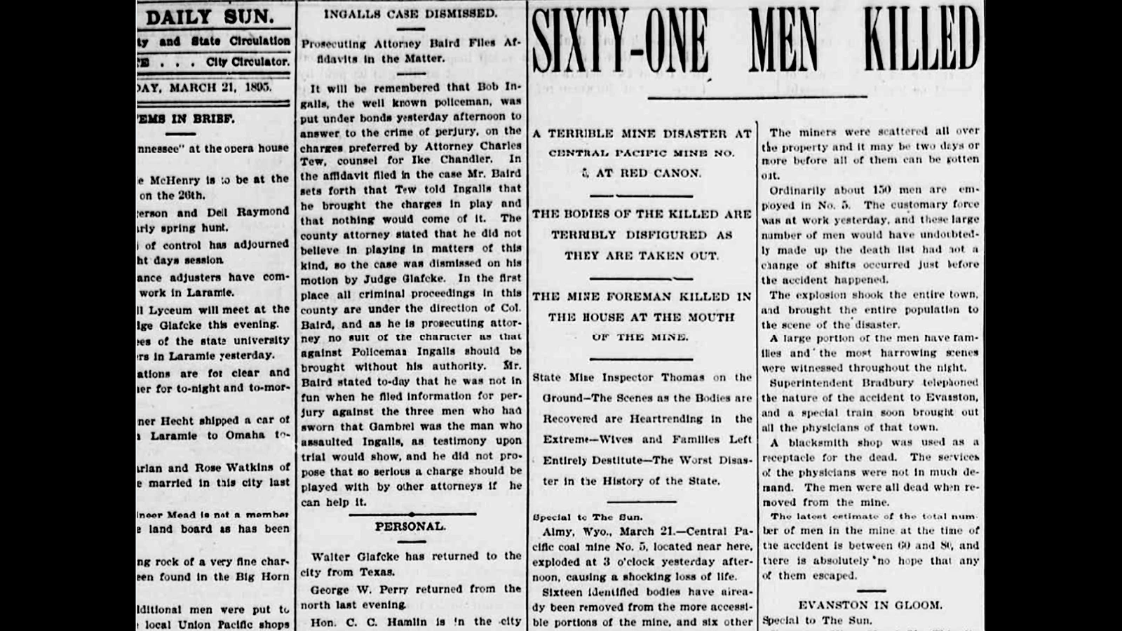 The Cheyenne Daily Sun on March 21 was among the first state papers to carry the mine disaster story.