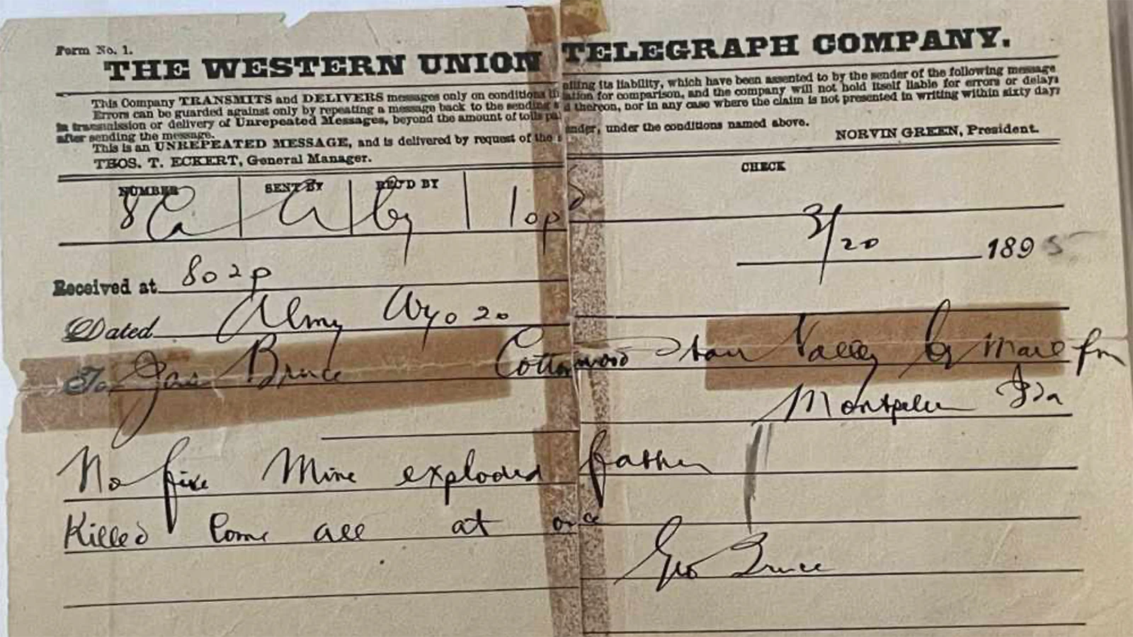 A Western Union telegram sent by James Bruce’s son following the blast.