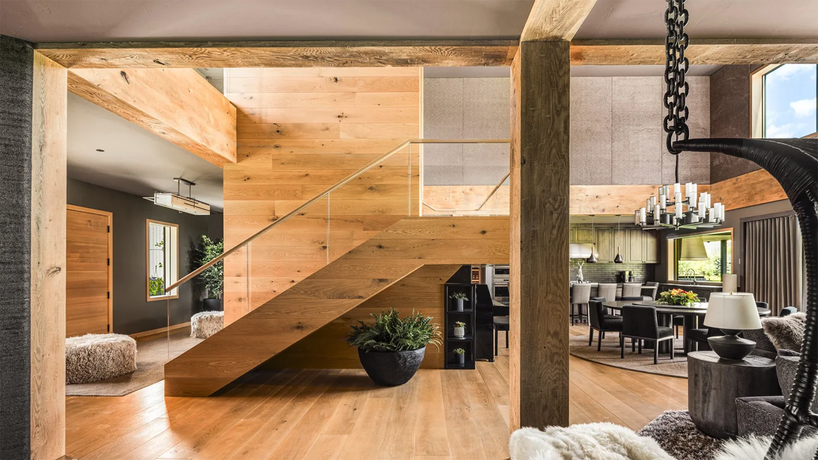 The main residence of the $48.5 million Alpine estate comes fully furnished, featuring white oak throughout with vaulted ceilings and huge picutre windows. There also are several patios with views of the Grand Tetons.