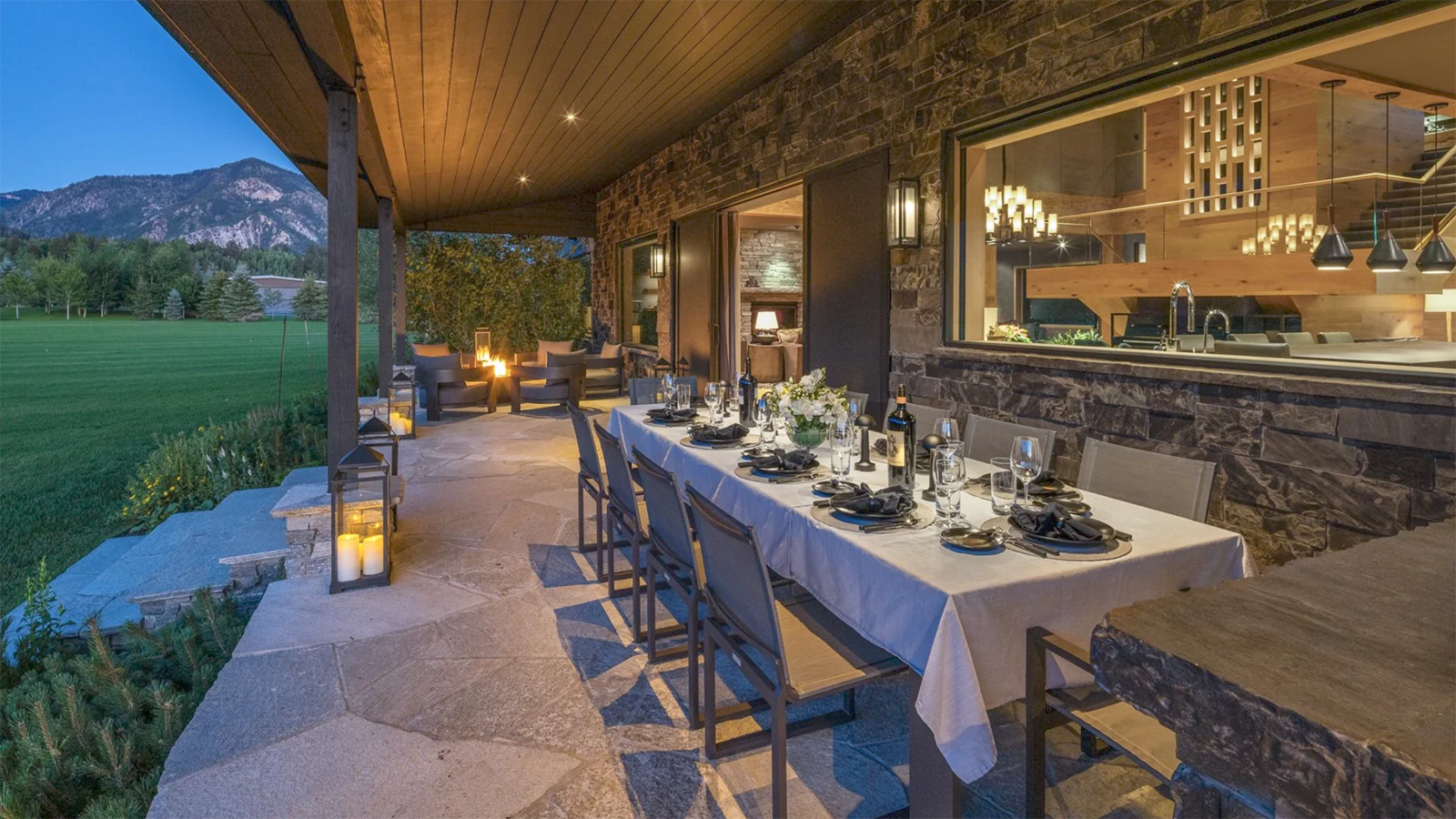 The main residence of the $48.5 million Alpine estate comes fully furnished, featuring white oak throughout with vaulted ceilings and huge picutre windows. There also are several patios with views of the Grand Tetons.