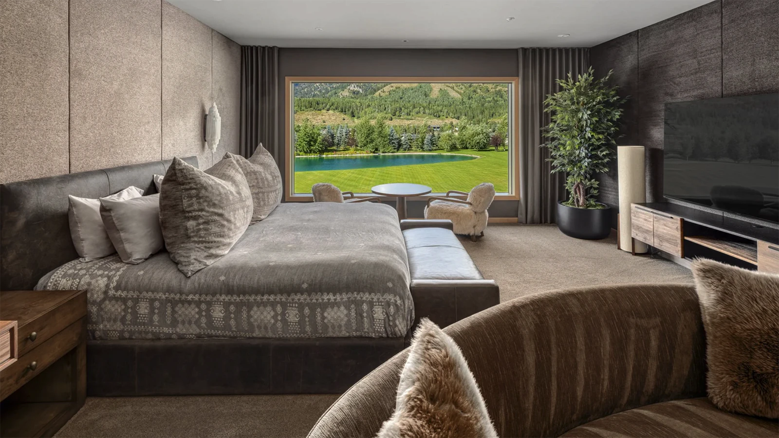 The main residence of the $48.5 million Alpine estate comes fully furnished, featuring white oak throughout with vaulted ceilings and huge picutre windows. There also are several patios with views of the Grand Tetons.
