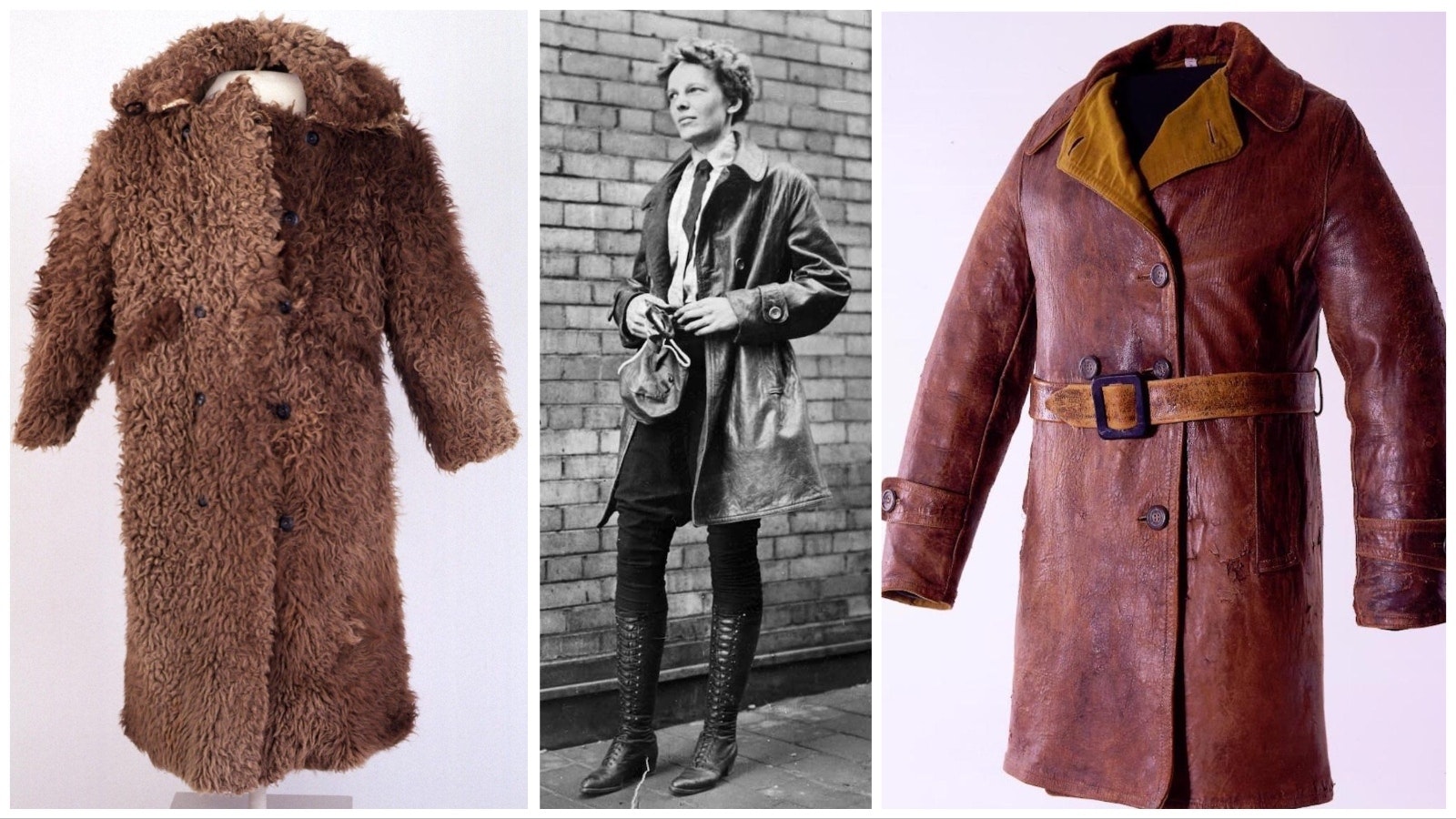 Amelia Earhart models her own line of fashion in Chicago 1928, center. At right is an aviator's coat given to her by Carl Dunrud. At left is a Buffalo coat, also a gift from Dunrud.