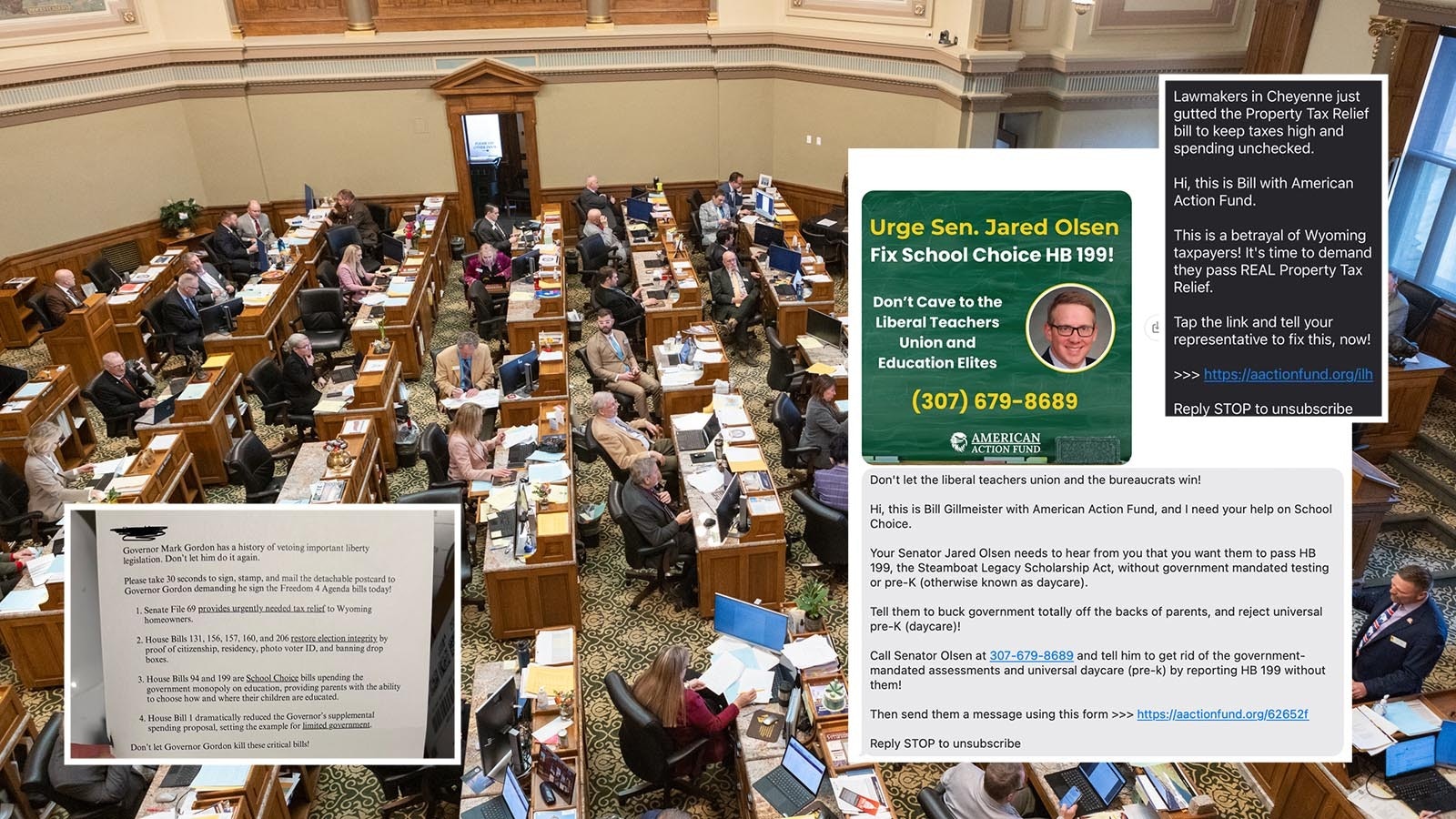 Texas-based American Action Fund has been sending out a large number of text messages and mailers to Wyoming residents. The messages urge people to pressure legislators on bills such as school choice.