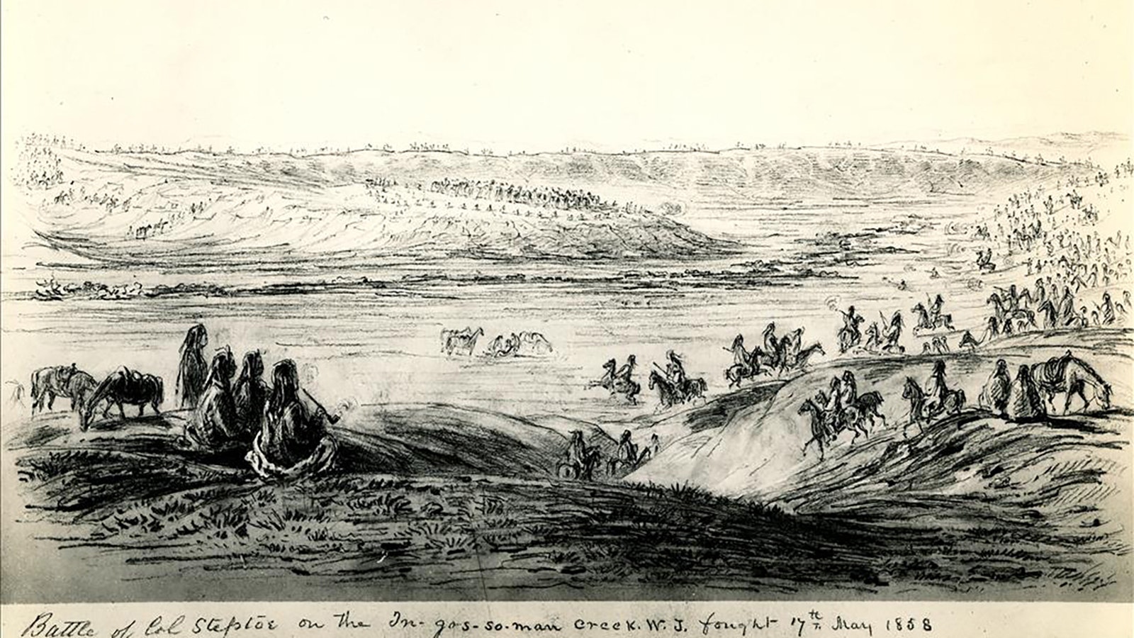 A drawing of Col. William Steptoe's battle with Indians at Ingossomen Creek on May 17, 1858, which became known as the Battle of Tohoto-nim-me.